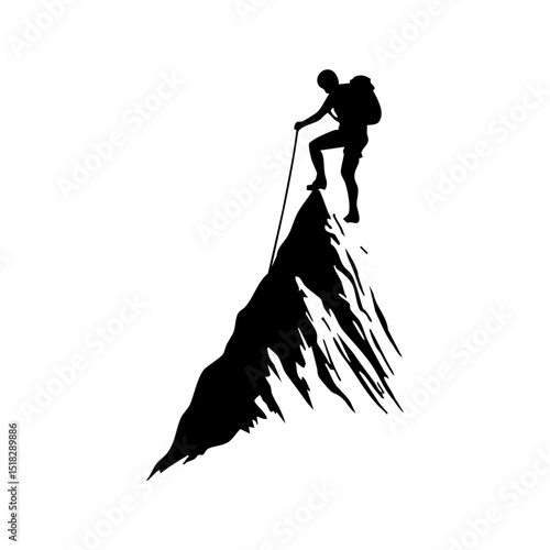 Black silhouette of an alpinist with trekking poles at the mountain top, symbolizing endurance.

