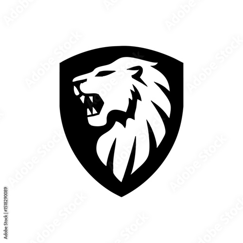 Fierce lion head logo inside a bold shield shape, symbolizing power and security.

