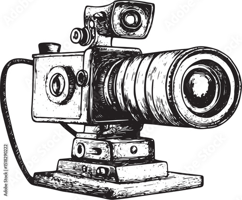 Old movie camera engraving vector illustration. Scratch board style imitation. Hand drawn image.