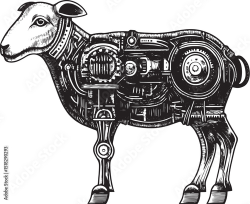 Mechanical sheep ewe animal sketch engraving vector illustration. Scratch board style imitation. Black and white hand drawn image.