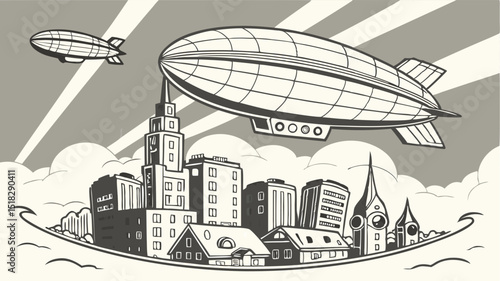 Retro illustration of a zeppelin flying above a cityscape with vintage architectural style and decorative cloud elements depicting transportation.
