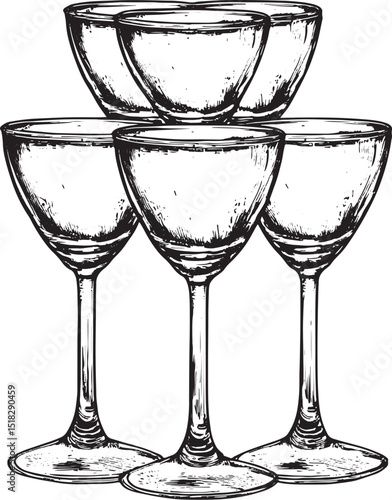 Champagne glass pyramid tower sketch engraving vector illustration. Scratch board style imitation. Black and white hand drawn image.