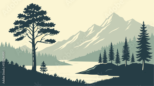 Serene landscape illustration featuring mountains trees and a lake ideal for nature inspired projects
