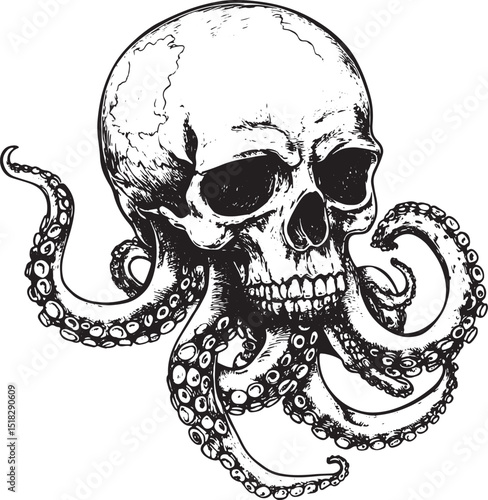 Octopus in human skull engraving vector illustration. Scratch board style imitation. Black and white hand drawn image.