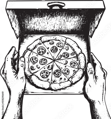 Hands with pizza box engraving vector illustration. Scratch board style imitation. Black and white hand drawn image.