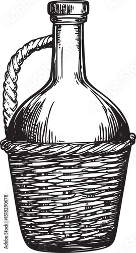 Wine bottle carboy with basket and handle weaving engraving vector illustration. Scratch board style imitation. Hand drawn image.