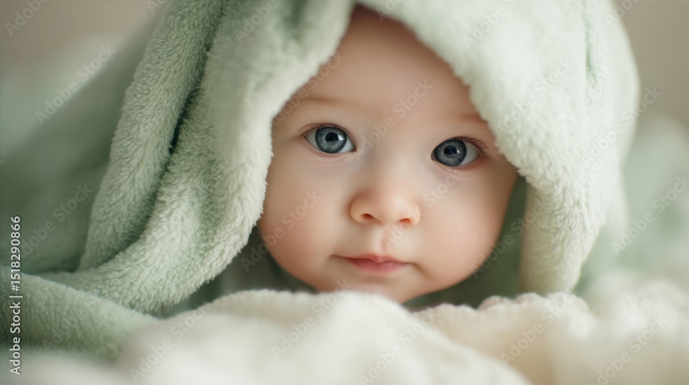 The adorable baby wrapped in a soft green blanket with sparkling blue eyes. The adorable baby wrapped in a soft green blanket with sparkling blue eyes.