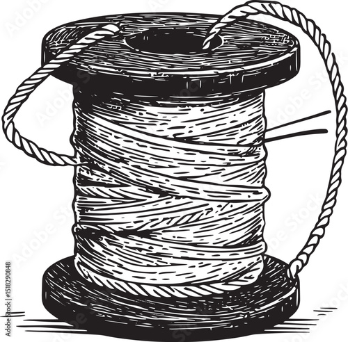 Spool of thread and needle engraving vector illustration. Scratch board style imitation. Hand drawn image.