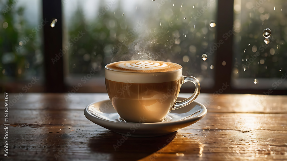 Obraz premium A hot latte with beautiful latte art, placed on a natural wooden table. Behind it is a foggy glass window with droplets of condensation. Soft morning sunlight streams in, creating a warm and relaxing 