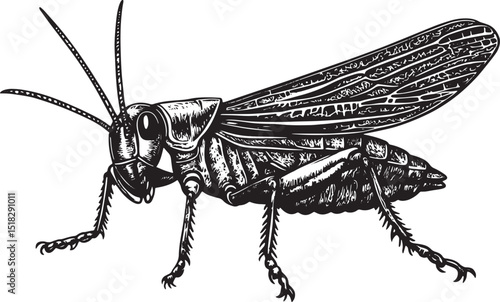 Grasshopper locust insect engraving vector illustration. Scratch board style imitation. Black and white hand drawn image.