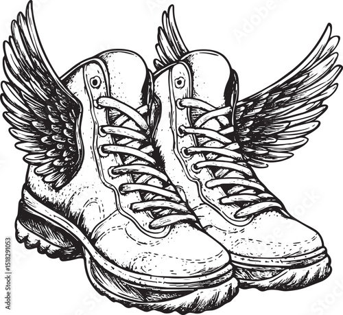 Flying sneakers with wings engraving vector illustration. Scratch board style imitation. Black and white hand drawn image.