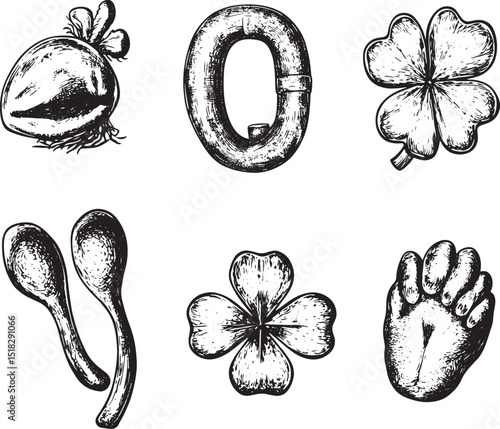 Luck talisman objects horseshoe clover rabbit paw engraving vector illustration. Scratch board style imitation. Black and white hand drawn image.