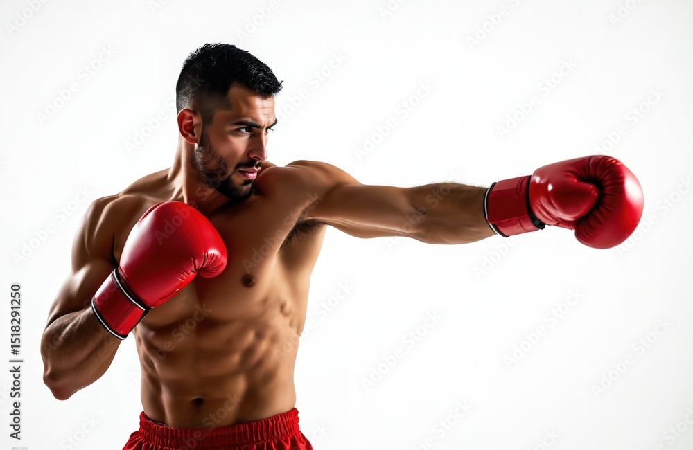 Fototapeta premium Male boxer in red gloves training. Muscular athlete practicing jab. Boxer poses in studio on white background. Martial arts, physical exercise, strength, healthy lifestyle.
