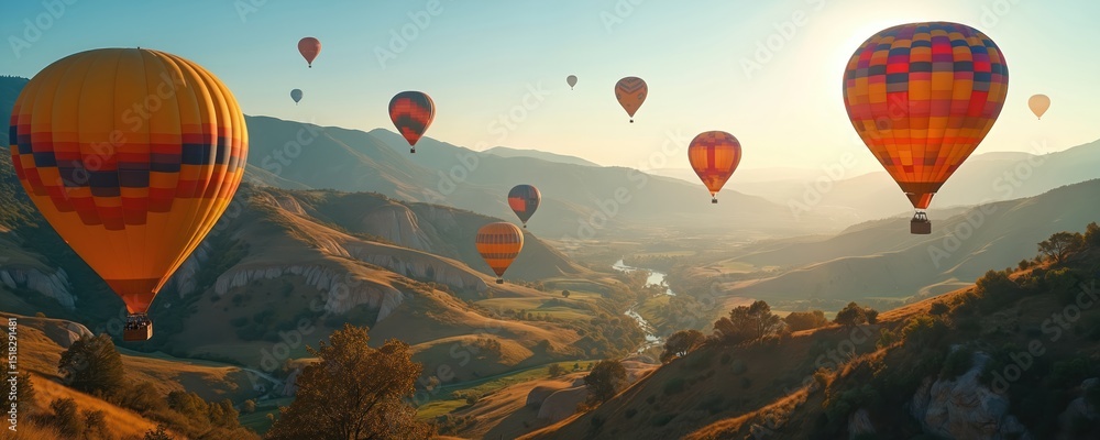 Fototapeta premium Colorful hot air balloons float over picturesque valley at sunrise sunset. People enjoy scenic landscape views, travel, adventure, outdoor recreation in nature. Romantic holiday. Vacation background.