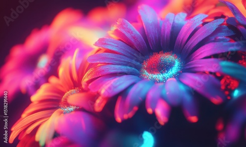 Neon-lit daisies, vibrant bouquet, close-up, dark background, floral design