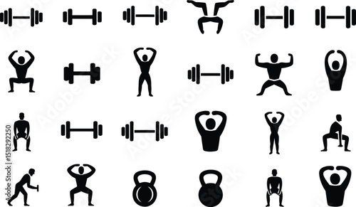 Fitness icons with dumbbells and bodyweight exercises black silhouette collection