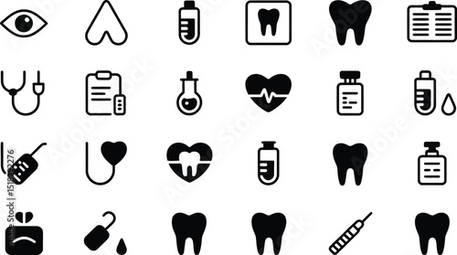 Black and white medical icons set illustration for healthcare design