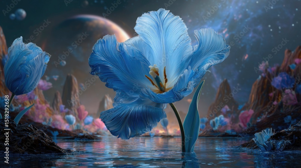 Striking blue tulip in a surreal fantasy setting Striking blue tulip in a surreal fantasy setting