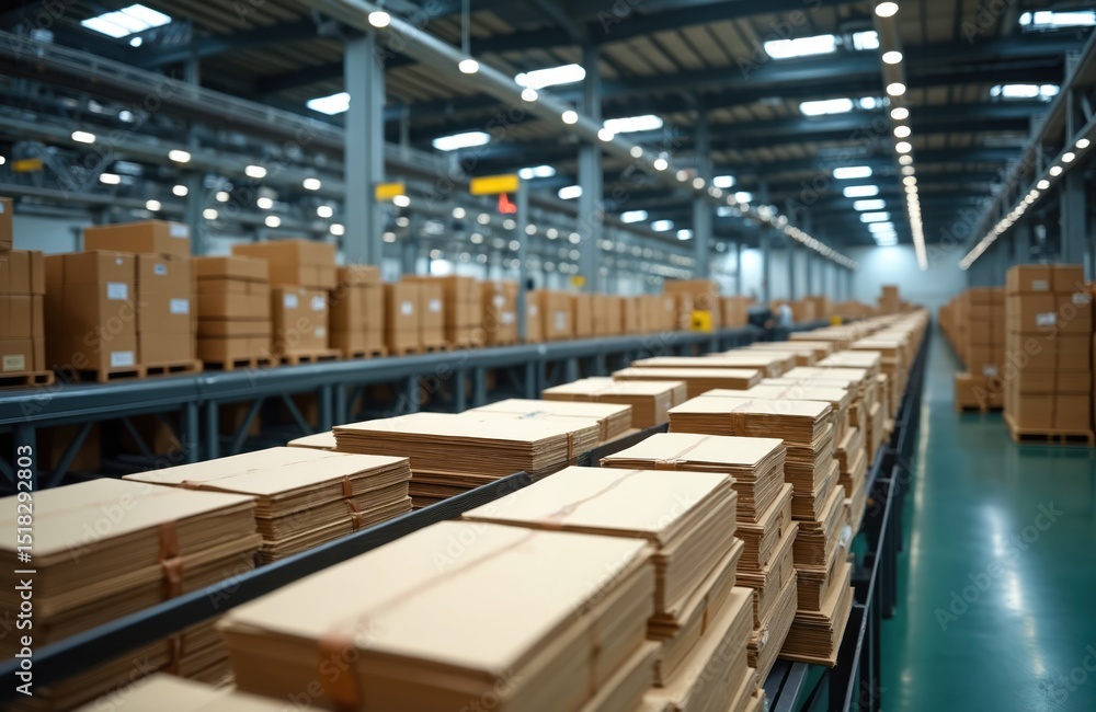 Fototapeta premium Cardboard boxes on conveyor line in warehouse. Stacks of packages on pallets at storage. Industrial interior. Production, manufacture, packing, delivery. Cardboard boxes background.