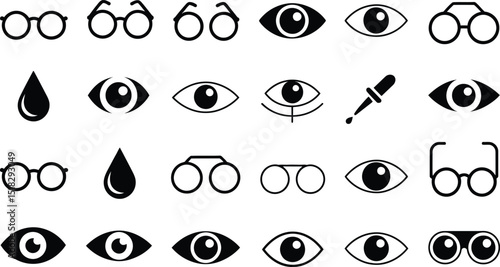 Eye health care vision correction and optometry icons set in format