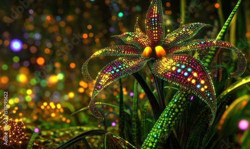 Sparkling fantasy flower glows in vibrant night garden