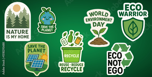 Eco-Friendly Sticker Set - Save Planet, Recycle, World Environment Day Vector Pack