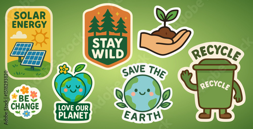 Eco Stickers Pack – Save the Earth, Recycle, Solar Energy, Love Our Planet – On Green Background
