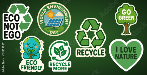 Environmental Stickers – Eco Not Ego, Recycle More, World Environment Day – On Green Background

