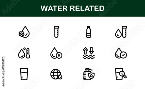 Water Related Icon Set in Clean Vector Style Featuring Drops, Waves, Rain, and Hydration Symbols