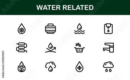 Water Related Icon Set in Clean Vector Style Featuring Drops, Waves, Rain, and Hydration Symbols