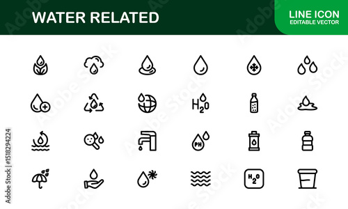 Water Related Icon Set in Clean Vector Style Featuring Drops, Waves, Rain, and Hydration Symbols