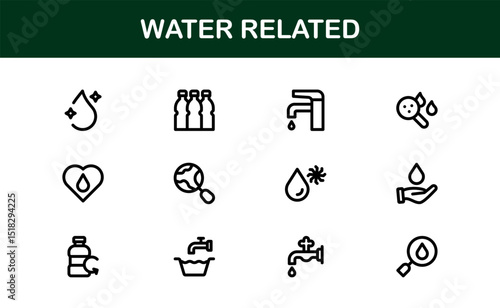 Water Related Icon Set in Clean Vector Style Featuring Drops, Waves, Rain, and Hydration Symbols