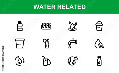 Water Related Icon Set in Clean Vector Style Featuring Drops, Waves, Rain, and Hydration Symbols