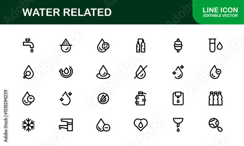 Water Related Icon Set in Clean Vector Style Featuring Drops, Waves, Rain, and Hydration Symbols