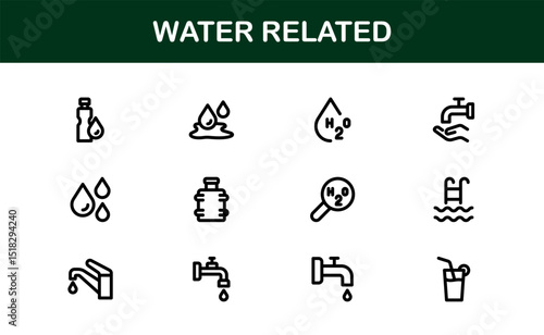 Water Related Icon Set in Clean Vector Style Featuring Drops, Waves, Rain, and Hydration Symbols