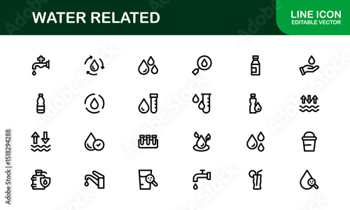 Water Related Icon Set in Clean Vector Style Featuring Drops, Waves, Rain, and Hydration Symbols