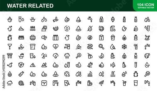 Water Related Icon Set in Clean Vector Style Featuring Drops, Waves, Rain, and Hydration Symbols