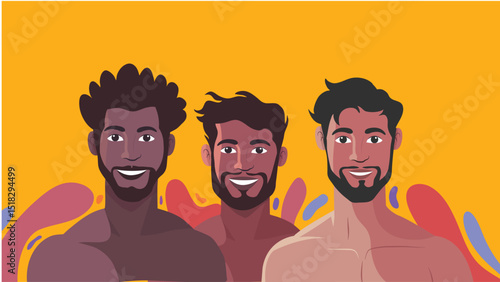 Three Diverse Young Gay Men Having Fun on Bright Yellow Abstract Background