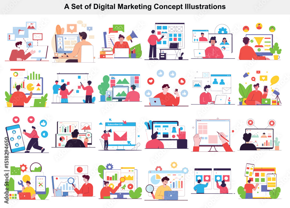 Digital Marketing Strategy and SEO Concept Illustrations Data Analysis, Subscriber List, Social Media and Optimization Digital Marketing Strategy and SEO Concept Illustrations Data Analysis, Subscriber List, Social Media and Optimization
