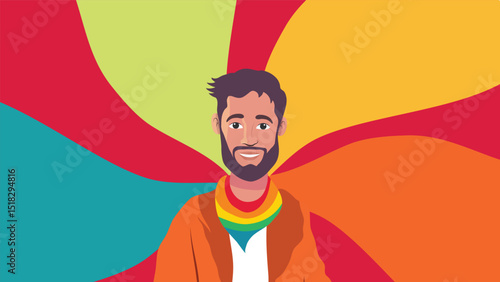 Stylish Gay Man Wearing Rainbow Scarf Standing Proudly in Front of Abstract Colors