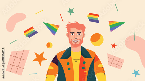Cheerful Gay Man in Patterned Pride Jacket Surrounded by Flags, Confetti and Symbols of Love