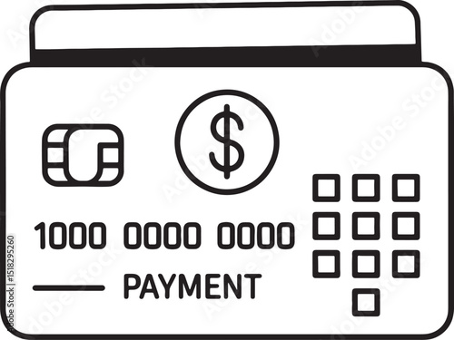 Depicts a credit card with EMV chip dollar icon card number and the word PAYMENT