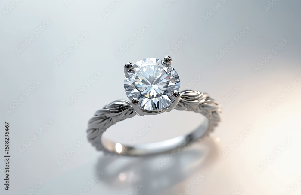 Elegant solitaire diamond ring on reflective surface. White gold platinum band ring sparkles. Ideal for proposals, marriage, love, celebration, wedding. Luxury jewelry, engagement ring, expensive Elegant solitaire diamond ring on reflective surface. White gold platinum band ring sparkles. Ideal for proposals, marriage, love, celebration, wedding. Luxury jewelry, engagement ring, expensive