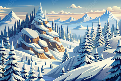 Vector cartoon of snowy winter hills and forest in gentle snowfall, ideal for Christmas designs, hiking themes, and seasonal travel concepts