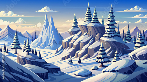 Vector cartoon of snowy winter hills and forest in gentle snowfall, ideal for Christmas designs, hiking themes, and seasonal travel concepts