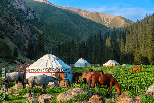 Kyrgyzstan iconic picture. Traditional Kyrgyz yurts with horses in a scenic mountains landscape. Altyn Arashan valley, Karakol city. Nomadic traditions.