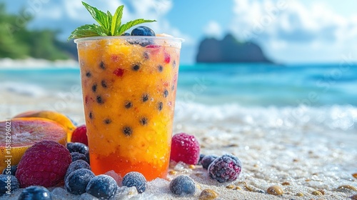 Colorful ice slush drink with fruits in transparent plastic cup on sandy beach. Refreshing summer dessert, delicious treat on vacation at tropical sea shore.