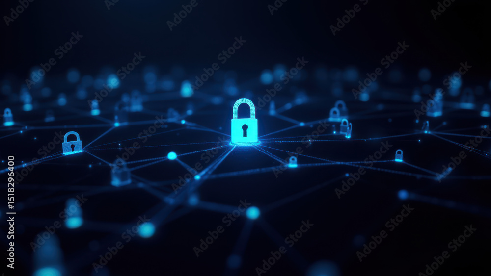 A digital graphic representation of a network with multiple lock symbols, signifying cybersecurity and data protection. A digital graphic representation of a network with multiple lock symbols, signifying cybersecurity and data protection.