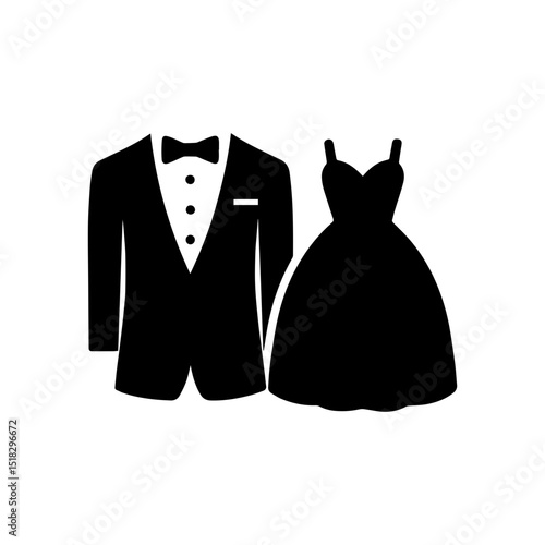 Prom night outfit icon tuxedo and ball gown formalwear with transparent background
