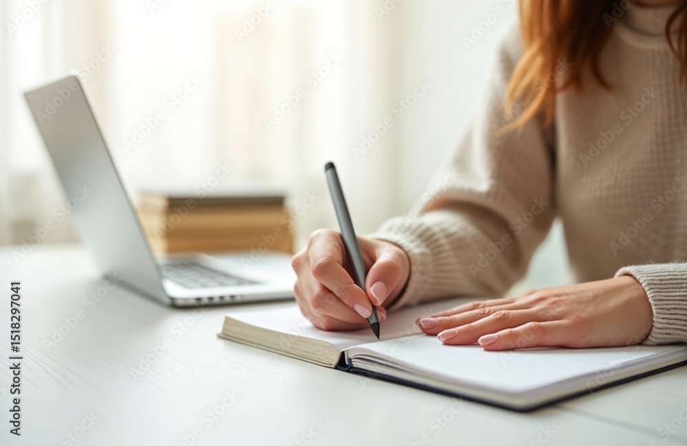 Student woman writing in notebook. Laptop, book stack on desk. Education, home office, work concept. Girl taking notes at home, preparing for exams. Study, writing, homework, learning process, work Student woman writing in notebook. Laptop, book stack on desk. Education, home office, work concept. Girl taking notes at home, preparing for exams. Study, writing, homework, learning process, work